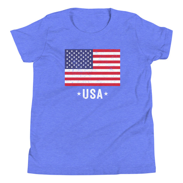 USA Flag Distressed Youth T-Shirt in Columbia Blue Heather.
