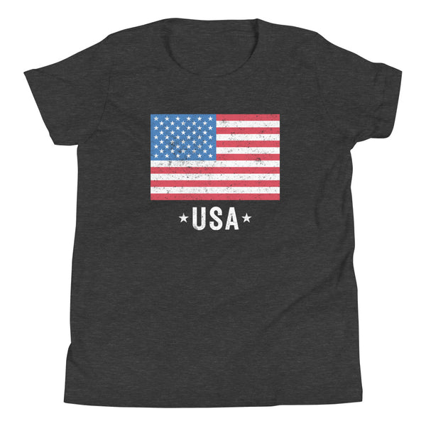 USA Flag Distressed Youth T-Shirt in Dark Grey Heather.