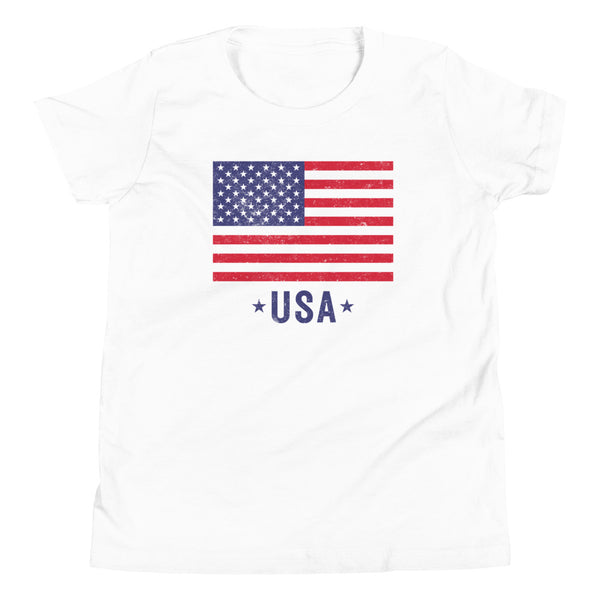 USA Flag Distressed Youth T-Shirt in White.