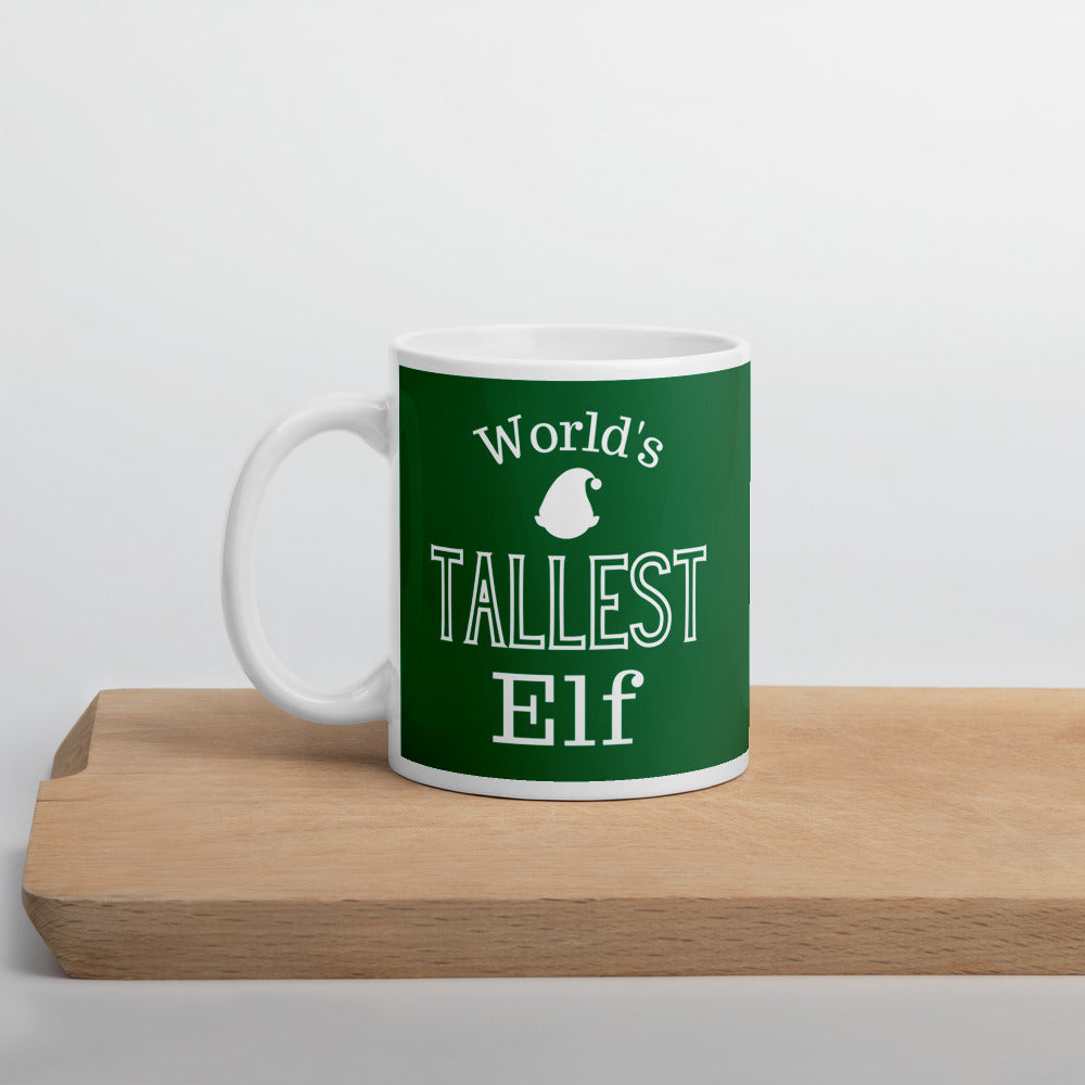 World's Tallest Elf funny Christmas coffee mug in 11 ounces.