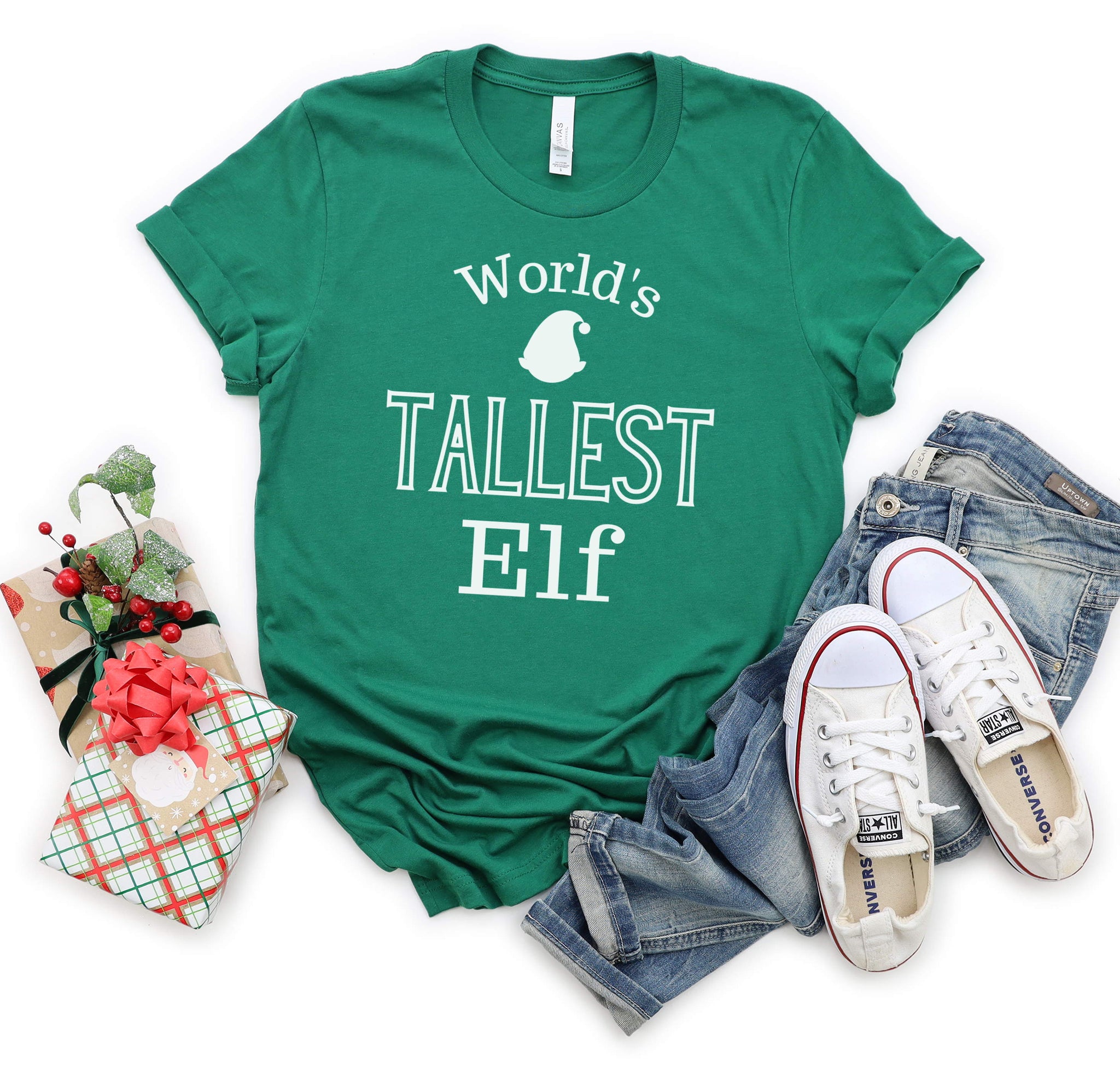 Funny Christmas t-shirt for tall people that says "World's Tallest Elf".
