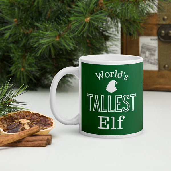 Funny Christmas coffee mug for tall women and men that says "World's Tallest Elf".