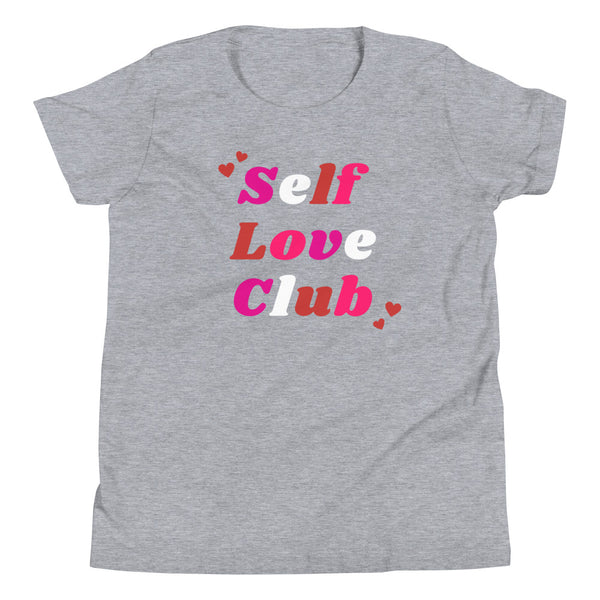 Youth girls Self Love Club T-Shirt for Valentine's Day in Athletic Grey Heather.