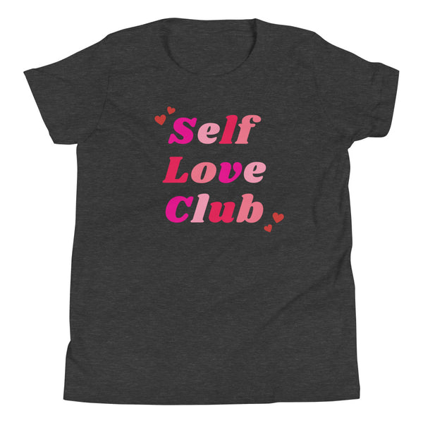 Youth girls Self Love Club T-Shirt for Valentine's Day in Dark Grey Heather.