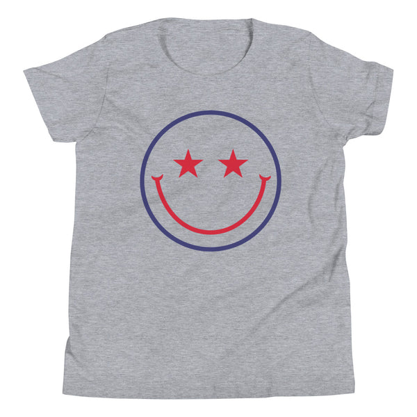 Patriotic Star Eyes Smiley Face Youth T-Shirt in Athletic Grey Heather.