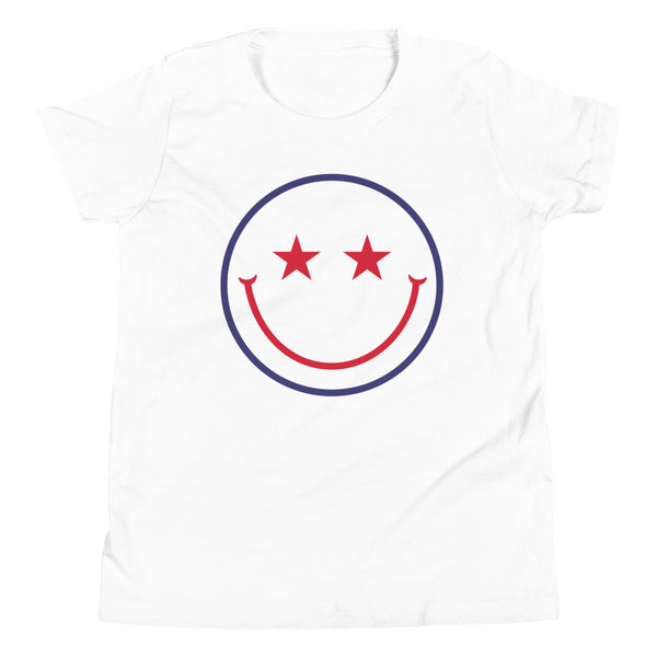 Patriotic Star Eyes Smiley Face Youth T-Shirt in White.