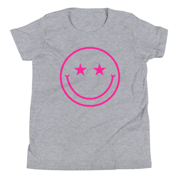 Star Eyes Smiley Face Youth T-Shirt in Athletic GreyHeather.