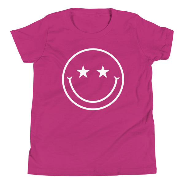 Star Eyes Smiley Face Youth T-Shirt in Berry.