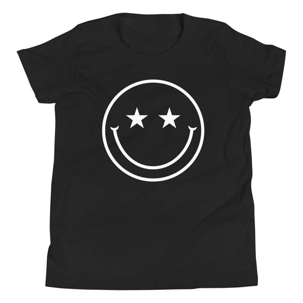 Star Eyes Smiley Face Youth T-Shirt in Black.