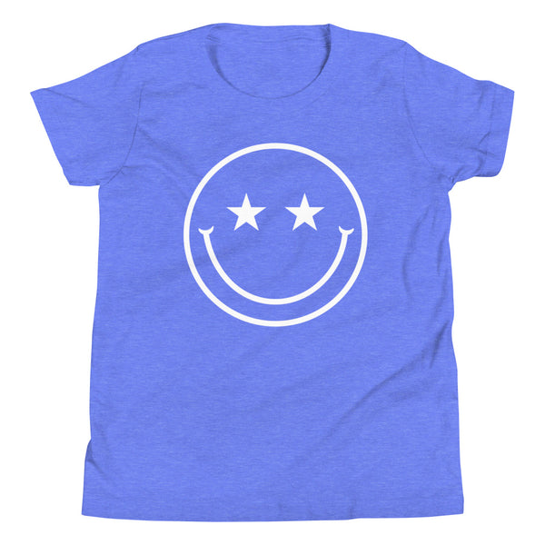 Star Eyes Smiley Face Youth T-Shirt in Columbia Blue Heather.