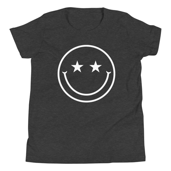Star Eyes Smiley Face Youth T-Shirt in Dark Grey Heather.