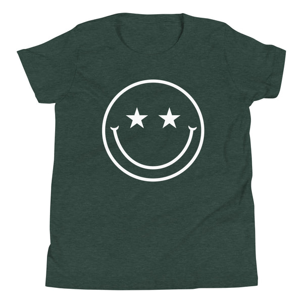 Star Eyes Smiley Face Youth T-Shirt in Forest Heather.