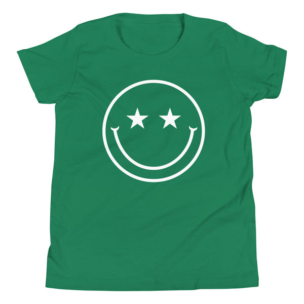 Star Eyes Smiley Face Youth T-Shirt in Kelly Green.