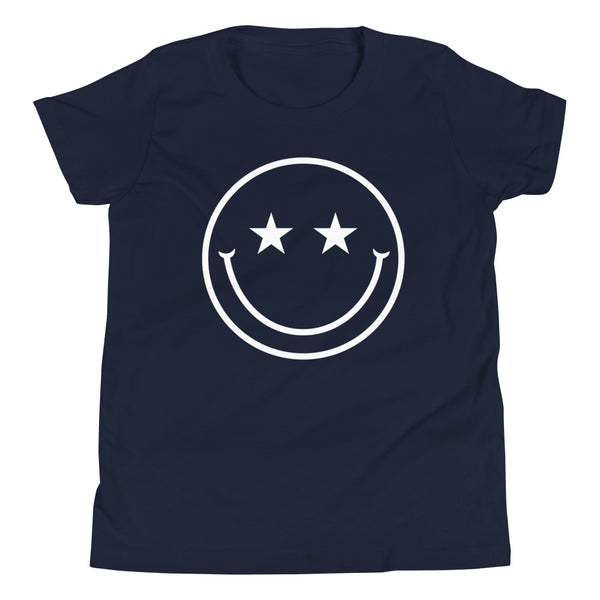 Star Eyes Smiley Face Youth T-Shirt in Navy.