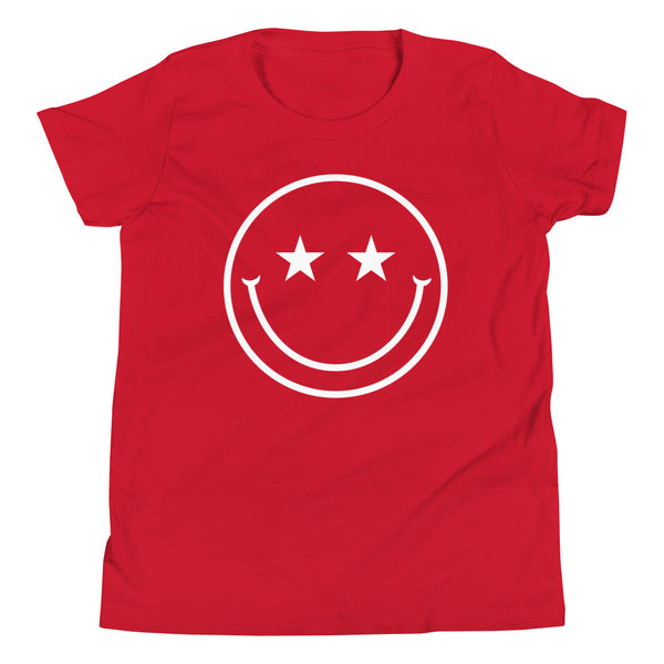 Star Eyes Smiley Face Youth T-Shirt in Red.