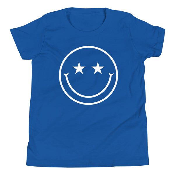 Star Eyes Smiley Face Youth T-Shirt in True Royal.
