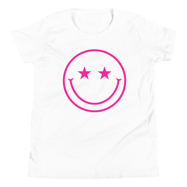 Star Eyes Smiley Face Youth T-Shirt in White.